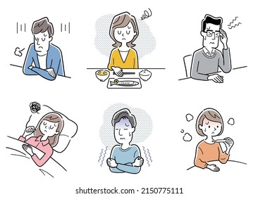 Vector illustration material: Men and women in poor physical condition, set