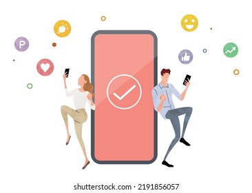 Vector illustration material: Men and women who are happy using smartphones