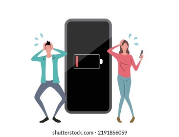 Vector illustration material: Men and women who are in trouble because their smartphone batteries are low