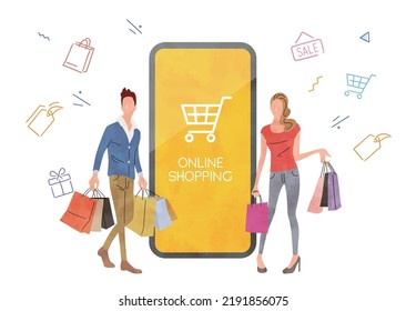 Vector illustration material: Men and women who enjoy online shopping on smartphones