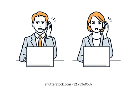 Vector illustration material of men and women in a call center