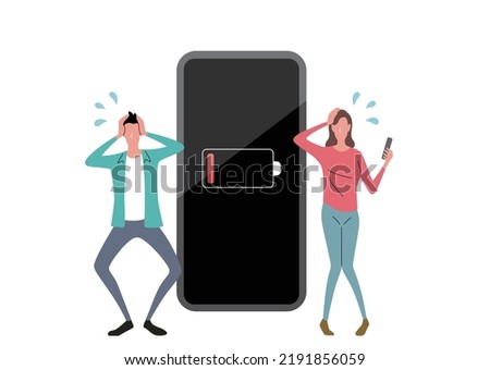 Vector illustration material: Men and women who are in trouble because their smartphone batteries are low