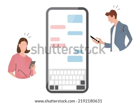 Vector illustration material: men and women who exchange messages on smartphones