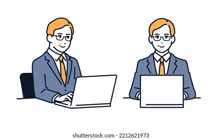 Vector illustration material of a middle man operating a laptop