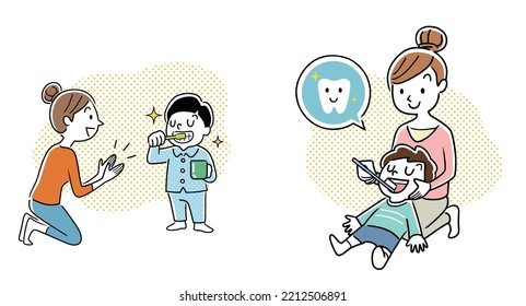 Vector illustration material: The mother brushes the child's teeth after the child brushes his own teeth