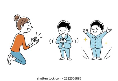 Vector illustration material: Mother praising a child to change into pajamas