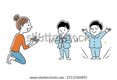 Vector illustration material: Mother praising a child to change into pajamas
