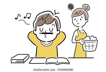 Vector Illustration Material: Mother in trouble with a child who does not do homework