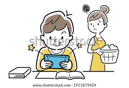 Vector Illustration Material: Mother in trouble with a child playing games without doing homework