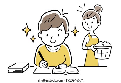 Vector Illustration Material: Mothers who are impressed by children who are willing to study