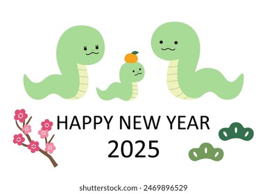 Vector illustration material for New Year's card for 2025, the Year of the Snake.Pine and plum blossoms