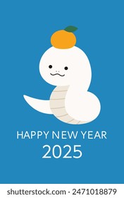 Vector illustration material for New Year's card for 2025, the Year of the Snake. Simple, cute, white snake, stylish, mandarin orange