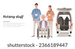 Vector illustration material: Nursing care, staff loading a senior woman in a wheelchair into a car