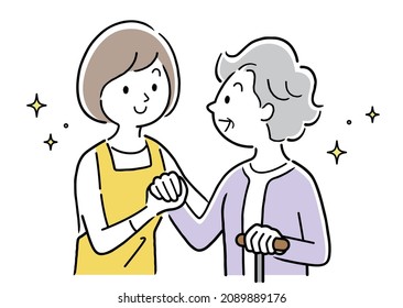 Vector illustration material: Nursing care, elderly people, life support, holding hands
