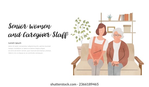 Vector illustration material: Nursing care, care staff and senior women