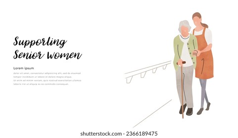 Vector illustration material: Nursing care, walking assistance