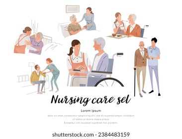 Vector illustration material: Nursing care, work, people set