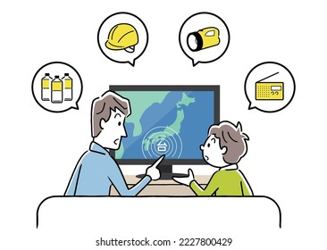 Vector illustration material: Parents and children discussing disaster preparation while checking the weather forecast