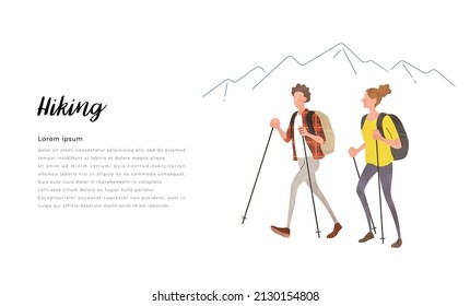 Vector Illustration Material: People, couples enjoying mountaineering, hiking, trekking