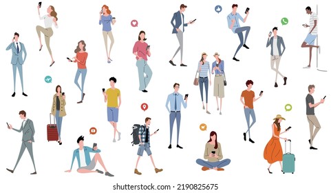 Vector illustration material: people using smartphones, set