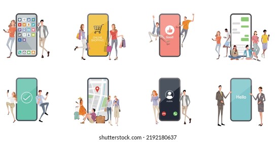 Vector illustration material: people using smartphones, set