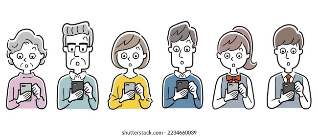 Material de ilustración del vector: personas que usan smartphones, set