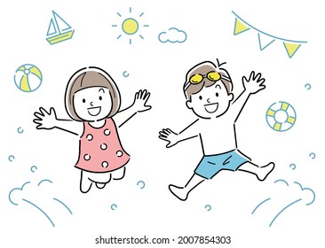 Vector Illustration Material: Pool, Children Jumping in the Sea