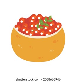 Vector illustration material of salmon roe in a container of citrus fruit.