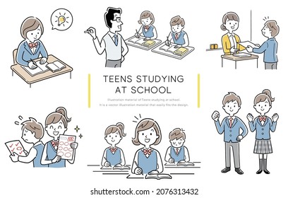 Vector illustration material: School life for junior and senior high school students, set