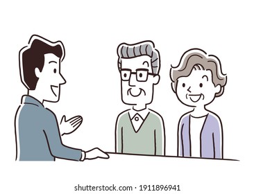 Vector illustration material: Senior couple, window, customer service, reception, correspondence