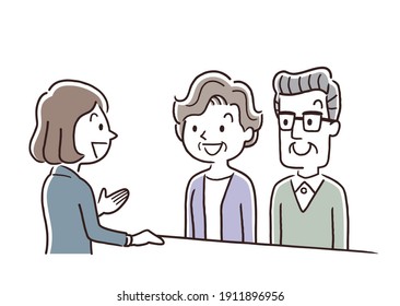 Material de ilustración del vector: Pareja mayor, ventana, servicio al cliente, recepción, correspondencia
