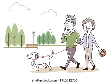 Vector Illustration Material: Senior couple walking a dog