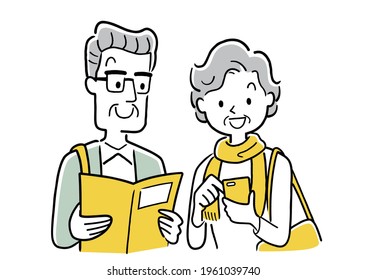 Vector Illustration Material: Senior Couple Viewing Smartphone And Guidebook At Travel Destination