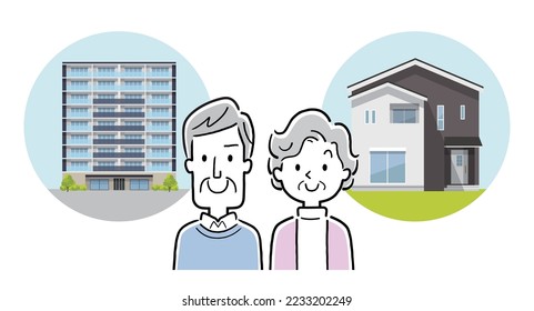 Vector illustration material: Senior couple choosing a detached house and an apartment