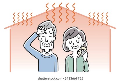 Vector illustration material: Senior couple who are troubled by the heat inside the house