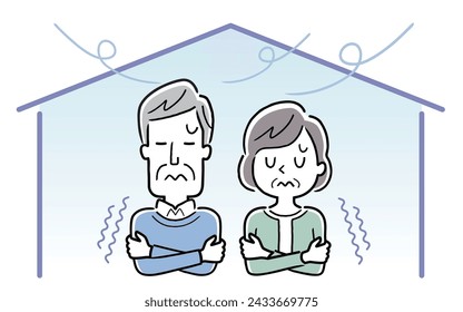 Vector illustration material: Senior couple shivering because it's cold inside the house