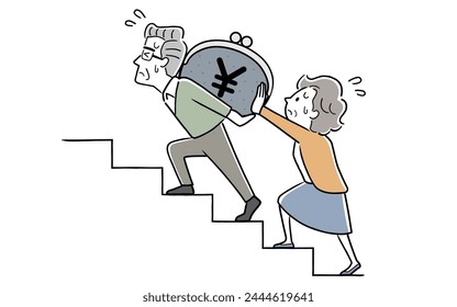 Vector illustration material: Senior couple walking up the stairs carrying money on their backs