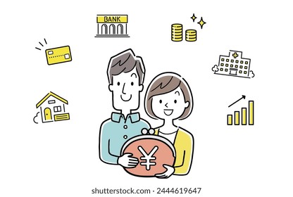 Vector illustration material: Senior couple thinking about money