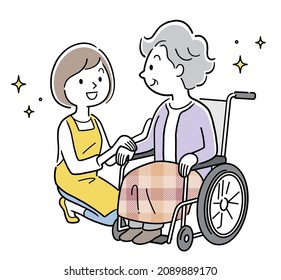 Vector illustration material: Senior female in a wheelchair and young female staff cuddling, nursing