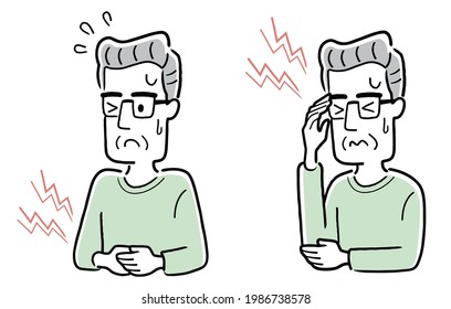 Vector Illustration Material: Senior male with poor physical condition, headache, abdominal pain