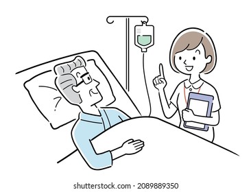 Vector Illustration Material: Senior Male Hospitalized and Nurse Explaining