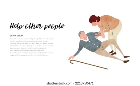 Vector illustration material: a senior man who falls down and a woman who helps