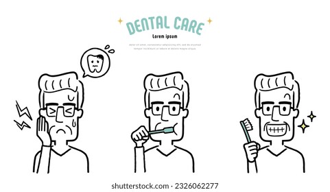 Material de ilustración del vector: anciano cepillando dientes para evitar la caries dental