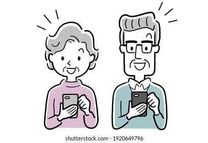 Vector illustration material: Senior men and women using smartphones