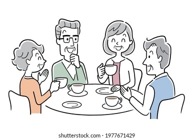 Vector Illustration Material: Senior Men and Women Talking Fun at Cafe