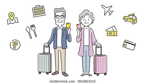 Vector Illustration Material: Senior Men and Senior Women Utilizing Smartphone Apps While Traveling