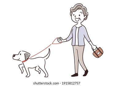 Vector Illustration Material: Senior woman walking a dog