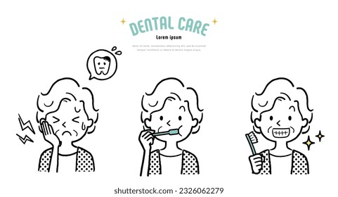 Vector illustration material: senior woman brushing teeth to prevent tooth decay