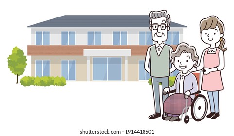 Vector Illustration Material: Senior women, husbands and staff moving into Elderly Housing with Care