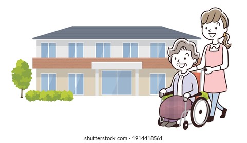 Vector Illustration Material: Senior women and staff women moving into Elderly Housing with Care